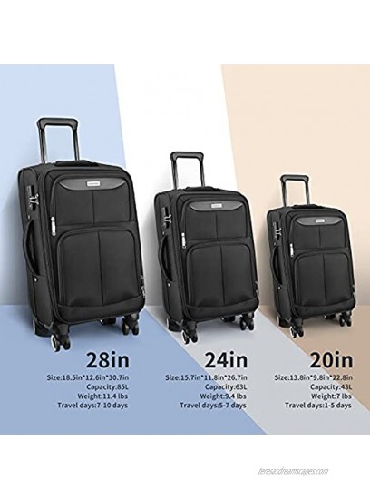 SHOWKOO Luggage Sets 3 Piece Softside Expandable Lightweight Durable Suitcase Sets Double Spinner Wheels TSA Lock Black 20in 24in 28in­