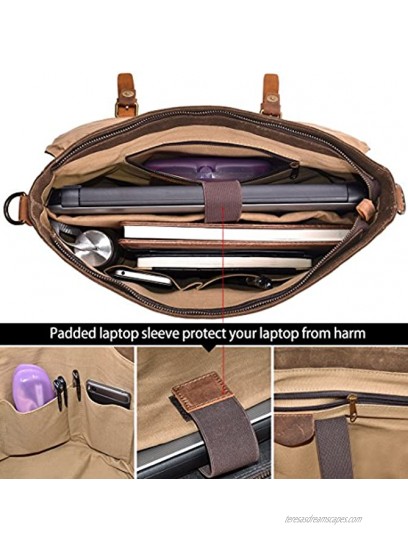 NEWHEY Messenger Bag Leather Laptop Bag Briefcase Case 15 inch Waxed Waterproof Canvas Leather Briefcase Mens Genuine Leather Large Satchel Computer Bag Shoulder College Bag-Brown