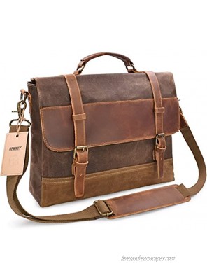 NEWHEY Messenger Bag Leather Laptop Bag Briefcase Case 15 inch Waxed Waterproof Canvas Leather Briefcase Mens Genuine Leather Large Satchel Computer Bag Shoulder College Bag-Brown