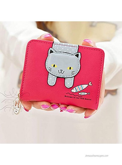 Girls Wallet Cute Cat Wallet Cat Pattern Purse Coin Card Holder Zipper Wallet Rosy
