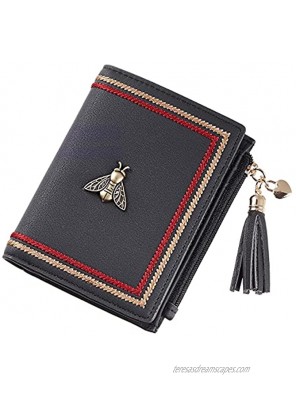 Gostwo Womens Small Bifold Slim Mini Wallet Purse with Tassel and Zippered Coin PocketBlack