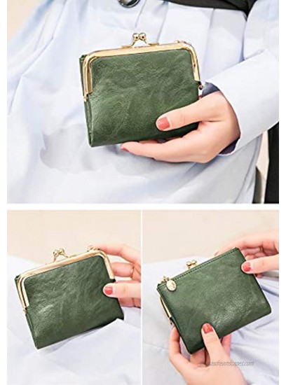 Pofee Womens Wallet Rfid Small Compact Bifold Leather Vintage Wallet,Ladies Coin Purse With Zipper and Kiss Lock