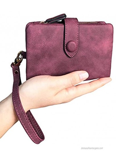 PofeeXIO Womens Small Bifold Leather Wallets Rfid Ladies Wristlet with Card slots id window Zipper Coin Purse