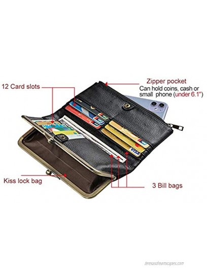 Rfid Blocking Wallets for Women Leather Clutch Wallet Bifold Credit Card Holder Ladies Coin Purse With Zipper and Kiss Lock black