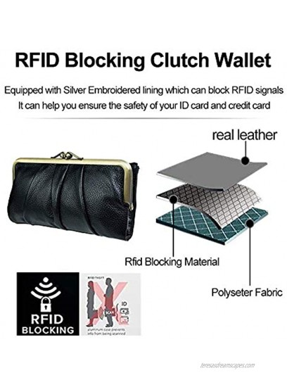 Rfid Blocking Wallets for Women Leather Clutch Wallet Bifold Credit Card Holder Ladies Coin Purse With Zipper and Kiss Lock black