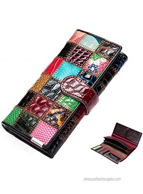 Segater Women Multicolor Wallets Genuine Leather Card Holder Organizer Purses Model Stitching Bag Wallet with Flap Phone Clutch Large Long Purse