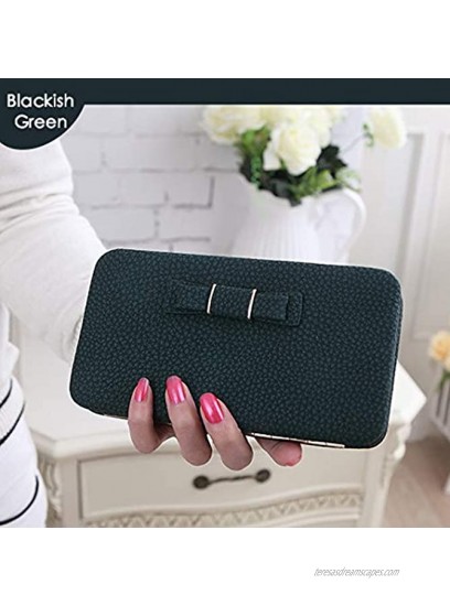 Women Bowknot Wallet Long Purse Phone Card Holder Clutch Large Capacity Pocket Blackish Green