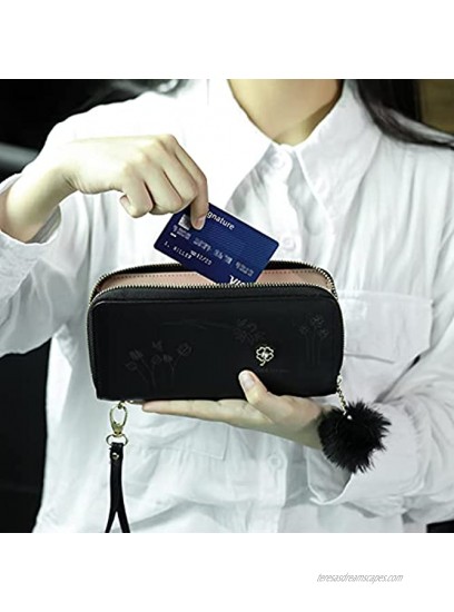 Womens Leather Wallet Ladies Clutch 10 Card Slots Multi Card Wallet Black Black A