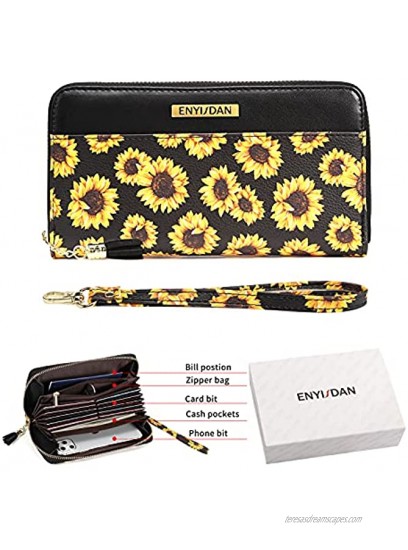 Women's Sunflower Wristlet Wallet Large Capacity Leather RFID Put Card Holder Phone Zip Sunflower Purse Clutch for Travel Work Sunflower