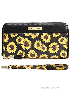 Women's Sunflower Wristlet Wallet Large Capacity Leather RFID Put Card Holder Phone Zip Sunflower Purse Clutch for Travel Work Sunflower