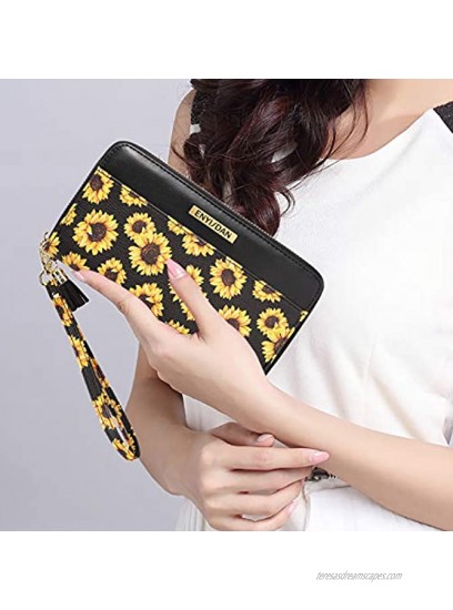 Wristlet Wallets for Women Sunflower RFID Blocking Leather Zip Cute Long Purse Clutch