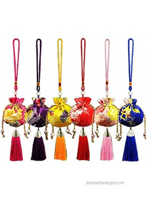 6pcs Chinese Sachet Silk Brocade Coin Bags Pouches with Drawstring Jewelry Gift Bag Candy Sachet Pouch Small Chinese Embroidered Organizers Pocket for Women Girls Dice Necklaces Earrings Bracelets