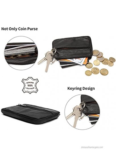 Coin Purse Pouch for Women Genuine Leather Mini Cash Wallet with Keychain Ring Holder Black
