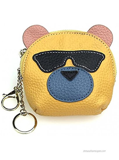 Cute Dog Small Mini Coin Purse,100% Soft Genuine Leather Change Purse Wallet with Keychain and Zipper for Women yellow