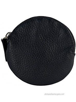 Genuine Leather Round Coin Pouch Change Purse with Zipper Black