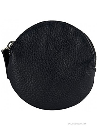Genuine Leather Round Coin Pouch Change Purse with Zipper Black