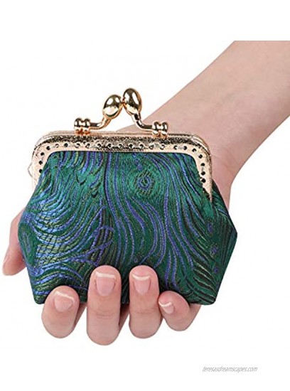 GERINLY Embroidery Kiss Lock Feather Coin Purse Handmade Classic Buckle Change Pouch Vintage Women’s Key Small Wallet