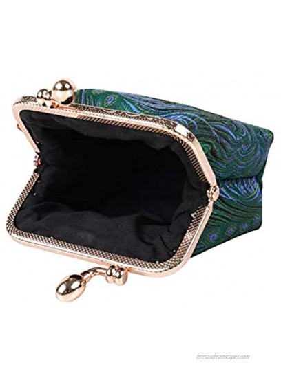 GERINLY Embroidery Kiss Lock Feather Coin Purse Handmade Classic Buckle Change Pouch Vintage Women’s Key Small Wallet