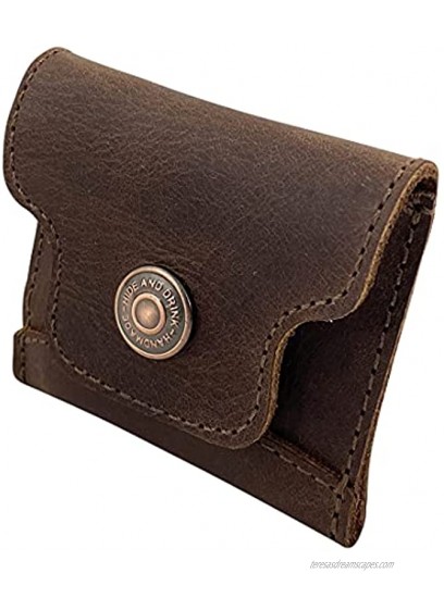 Hide & Drink Snap Coin Pouch Handmade from Full Grain Leather Durable Compact Bag for Coins Change Headphones Small Personal Items Hardware Minimalist Style Button Closure Bourbon Brown