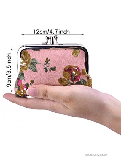 Oyachic 2 Packs Double Pockets Coin Purse Canvas Coin Pouch Rose Pattern Clasp Closure Wallet Gift 4.7L X 3.5H