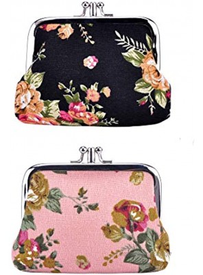 Oyachic 2 Packs Double Pockets Coin Purse Canvas Coin Pouch Rose Pattern Clasp Closure Wallet Gift 4.7"L X 3.5"H