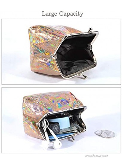 Oyachic 2 PCS Hologram Coin Purse Iridescent Clutch Purse Kiss Lock Change Pouch Holographic Makeup Bag Laser Women Wallet