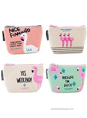 Sunny W Cute Flamingo Canvas Coin Purse Zipper Wallet Coin Bag Pack of 4 Green,white,pink small