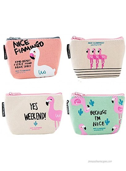 Sunny W Cute Flamingo Canvas Coin Purse Zipper Wallet Coin Bag Pack of 4 Green,white,pink small