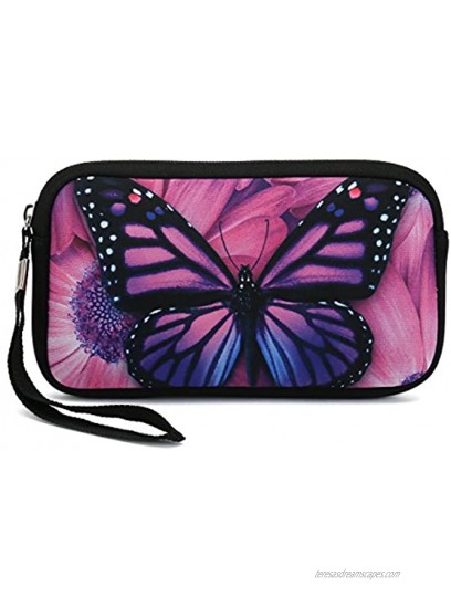 Unisex Portable Washable Travel All Smartphone Wristlets Bag Clutch Wallets Change Purse,Pencil Bag,Cosmetic Bag Pouch Coin Purse Zipper Change Holder With Strap Purple Butterfly