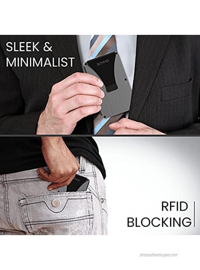 Bemmo Slim minimalist Credit Card wallet with Money Clip aluminum metal holder RFID Blocking carbon fiber with wristlet strap Great Gift Idea brushed gray
