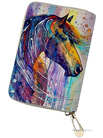 Horeset Colorful Watercolor Horse Print RFID Credit Card Holder Women's PU Leather Credit Card Wallet with Zipper