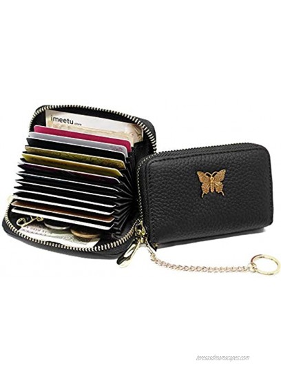imeetu RFID Leather Credit Card Wallet for Women Small Zipper Card Case Holder with Removable KeychainBlack
