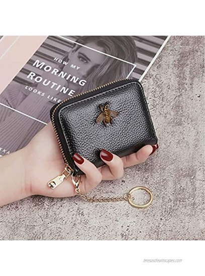 Keychain Credit Card Wallet Leather Zipper Card Cases Holder for Women RFID Blocking Black