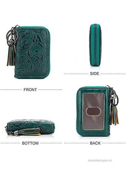 MEITRUE Credit Card Holder Zipper Card Case RFID Small Leather Wallet for Women Embossed Tassels Ladies Gift Box 1927-2 PEACOCK-BLUE