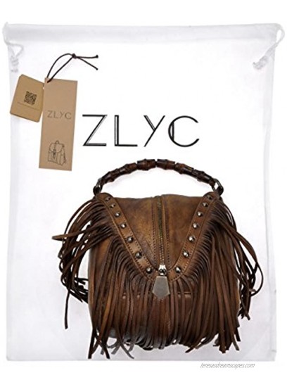 ZLYC Women's Leather Bamboo Hand Strap Featured Fringe Bohemian Tassel Studed Cross Body Bag