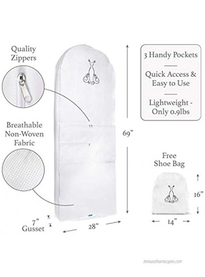 Garment Bag for Evening Dress-Bridal Dress Cover for Your Wedding Gown Perfect for Storage & Travel 3 Zipped Pockets for Accessories including Shoe Bag 69X28 Inches with Gusset