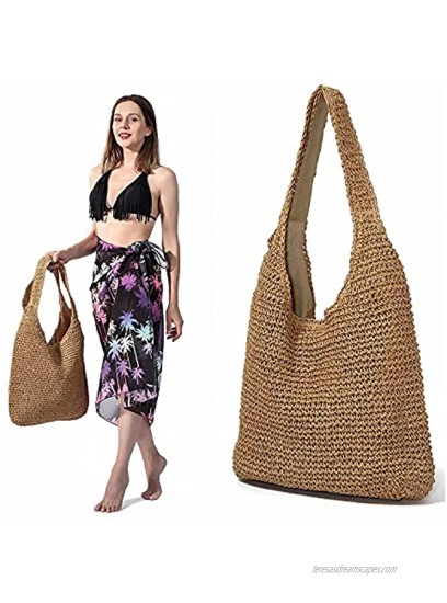 Ayliss Women Straw Shoulder Bag Bucket Tote Summer Beach Woven Handmade Weaving Handbag