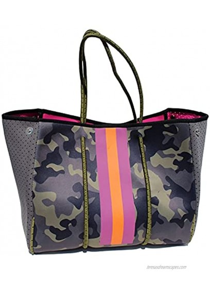 Camo Neoprene Tote | Beach Tote Gym Bag | Matching Wallet Included | Green Camo with Pink & Orange Stripes