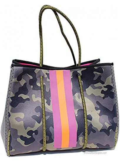 Camo Neoprene Tote | Beach Tote Gym Bag | Matching Wallet Included | Green Camo with Pink & Orange Stripes