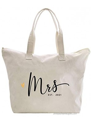 Caraknots Future Mrs 2021 Bride Tote Bag Wedding Bachelorette Bridal Shower Gifts Canvas Large Travel Shoulder Bag with Interior Pocket