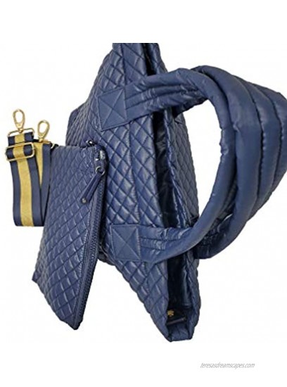 ClaraNY Comfortable Light weight Medium size Quilted Tote bag with Pouch and Shoulder Strap water repellent Navy