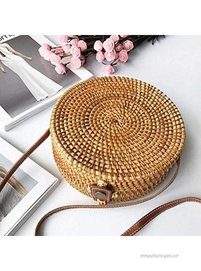 Handwoven Round Rattan Bag Shoulder Leather Straps for Women