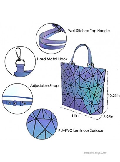 Holographic Purse Geometric Hand Bags Purses for Women Girl 2PCS Luminous Purse and Wallet Set for Women Iridescent Ladies Tote Bag Reflective Shoulder Bag for Traveling or Shopping Purple