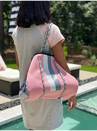 Large Neoprene Beach Bag with Wristlet Women Shoulder Bag for Beach Picnics Pool Gym Travelling Sports Lightweight & Foldable Casual Tote Bag by Bumblebee & Pip
