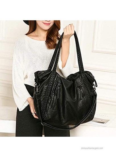 Oversized Handbag,Easeu Women Big Capacity Top-handle Tote Bag Soft Slouchy Faux Leather Braided Shoulder Bag-Big Size