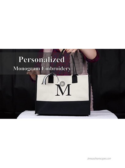 Personalized Gift Monogram Initial 100% Cotton Two Tone Chic Tote Bag with Customize Option Black
