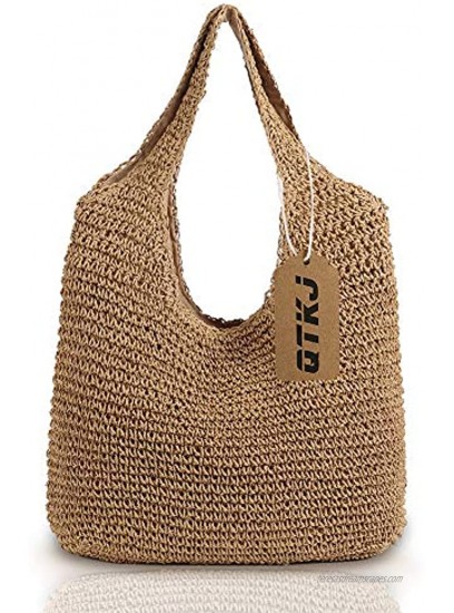 QTKJ Hand-woven Soft Large Straw Shoulder Bag Boho Straw Handle Tote Retro Summer Beach Bag Rattan Handbag Khaki