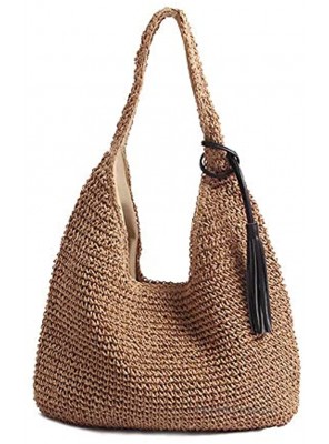 QTKJ Hand-woven Soft Large Straw Shoulder Bag with Black Tassels Boho Straw Handle Tote Retro Summer Beach Bag Rattan Handbag Brown