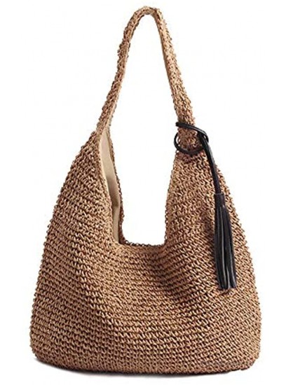QTKJ Hand-woven Soft Large Straw Shoulder Bag with Black Tassels Boho Straw Handle Tote Retro Summer Beach Bag Rattan Handbag Brown