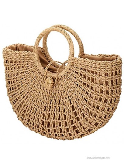 Straw Bags for Women,Hand-woven Straw Top-handle Bag with Round Ring Handle Summer Beach Rattan Tote Handbag